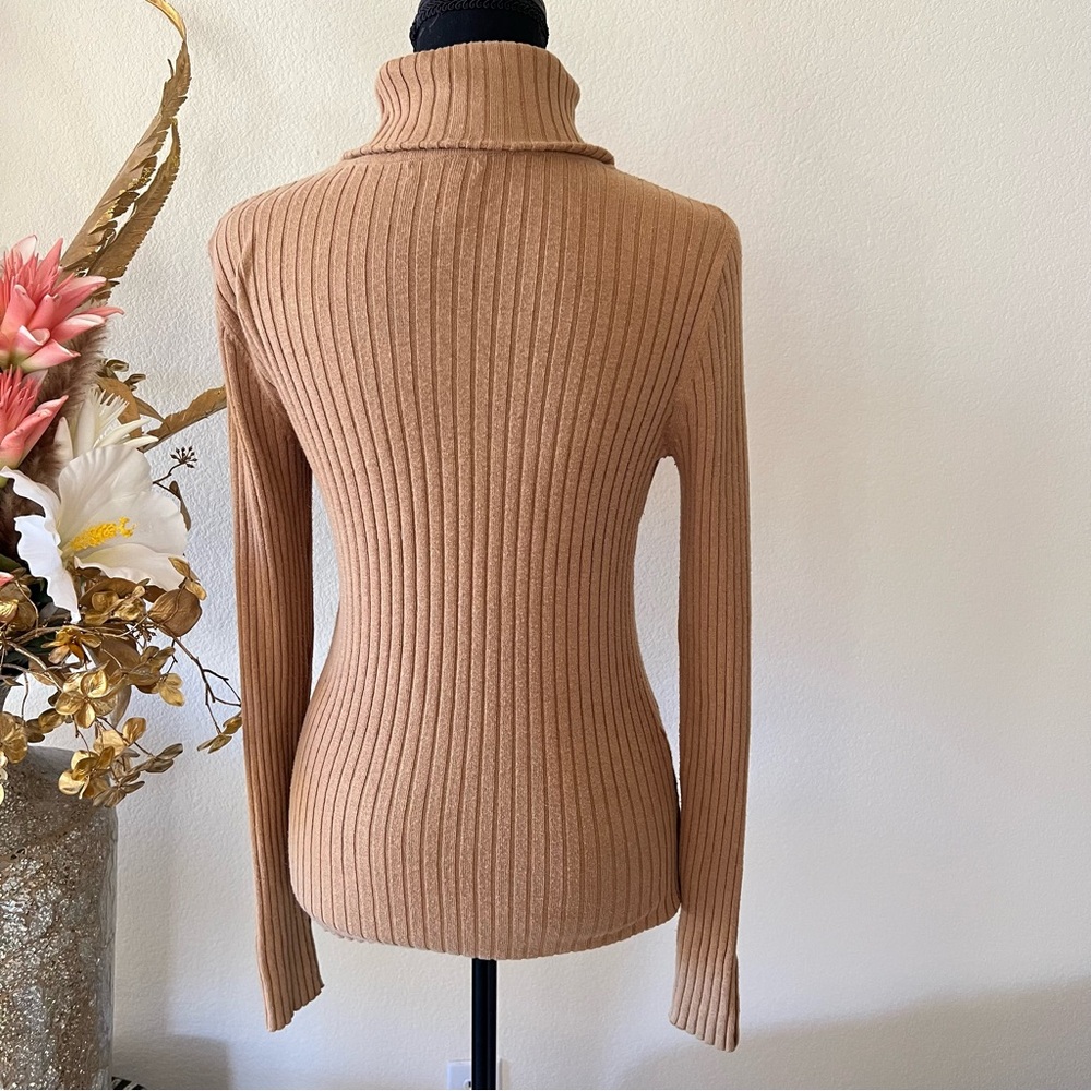 Charter Club Ribbed Fitted Cotton Tan Turtleneck Sweater - Picture 3 of 10